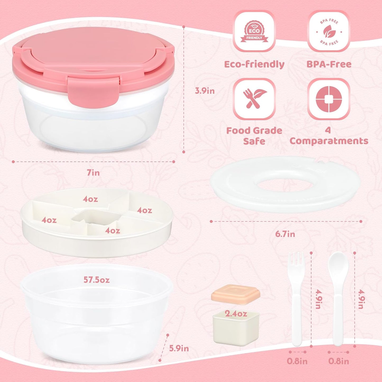 Eco-Friendly 4-Compartment Bento Box with Utensils & Sauce Container β BPA-Free β Leakproof & Microwave Safe β 57.5oz / 1700ml Capacity