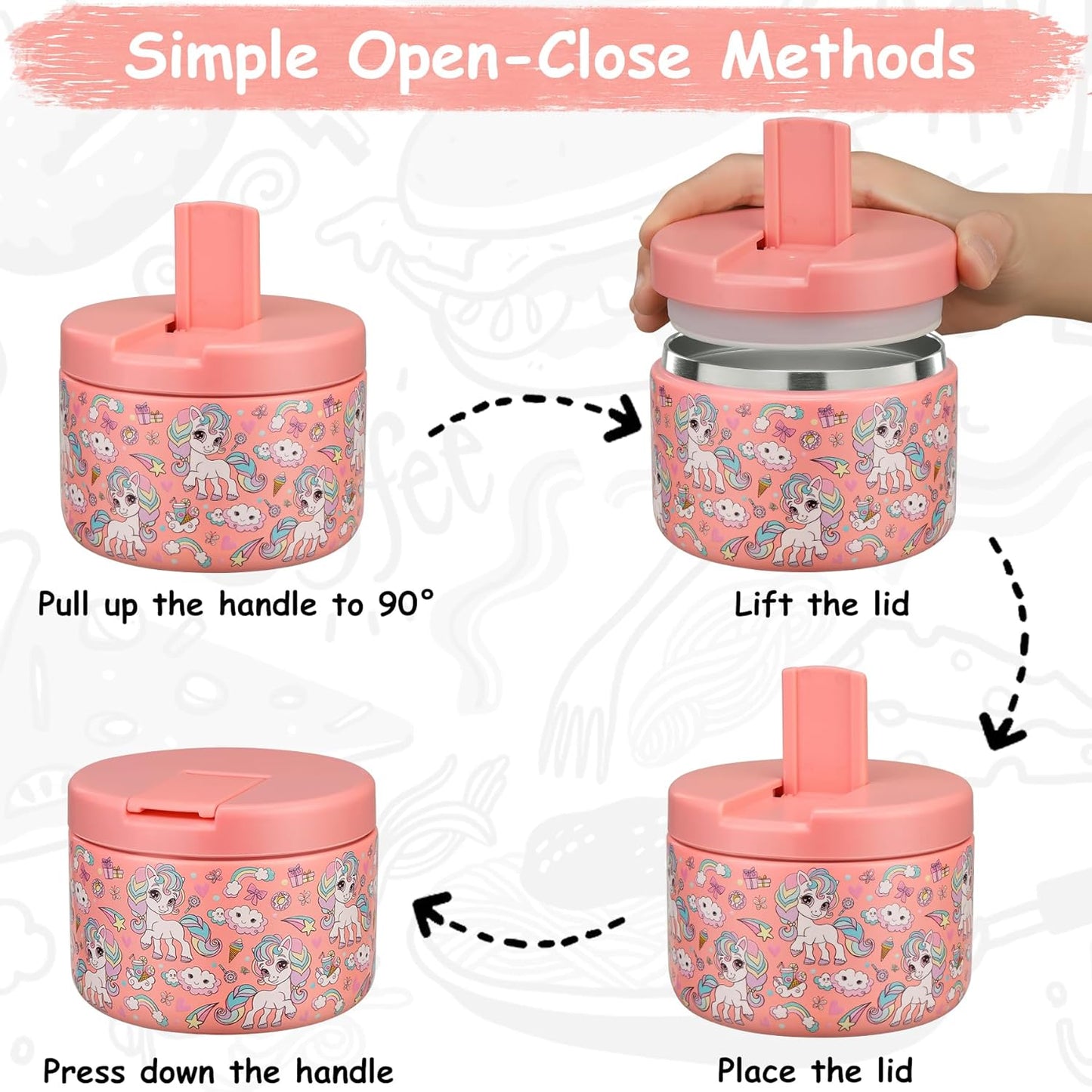 12oz Stainless Steel Insulated Lunch Jar for Kids โ Wide Mouth โ Leakproof โ Removable Lid for Easy Cleaning โ Cute Unicorn Pattern