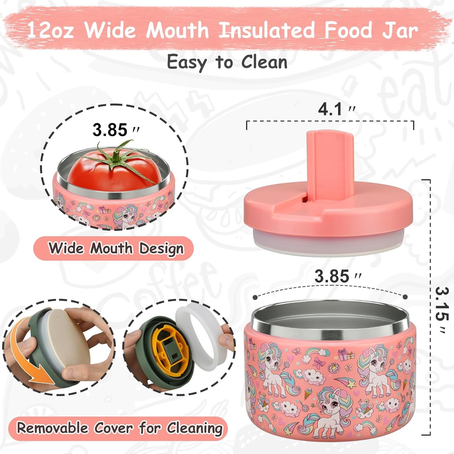 12oz Stainless Steel Insulated Lunch Jar for Kids โ Wide Mouth โ Leakproof โ Removable Lid for Easy Cleaning โ Cute Unicorn Pattern