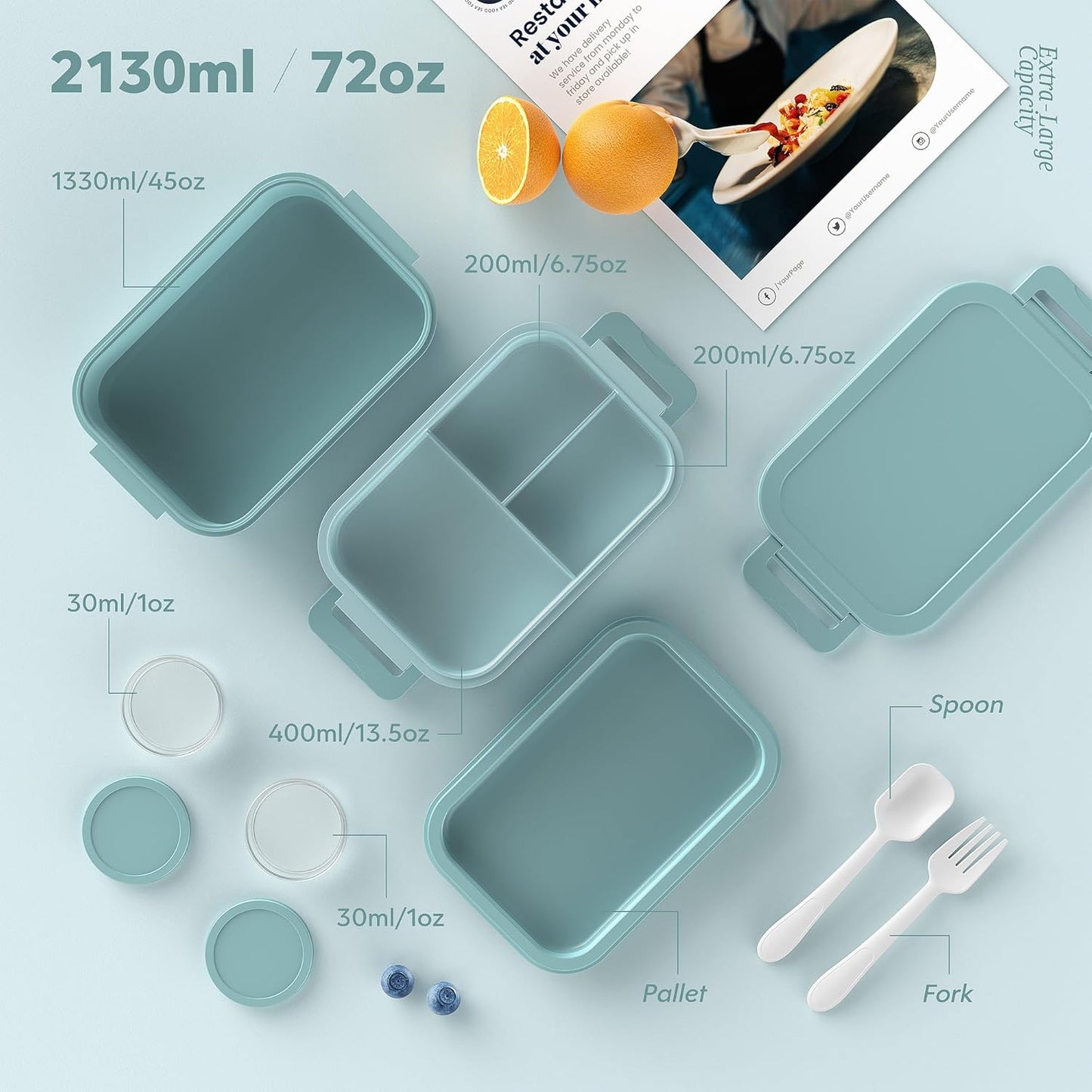 Extra Large 2130ml Lunch Box Set β 3-Layer Food Container with Divided Compartments, Sauce Cups & Utensils β Ideal for Adults, Students, Meal Prep
