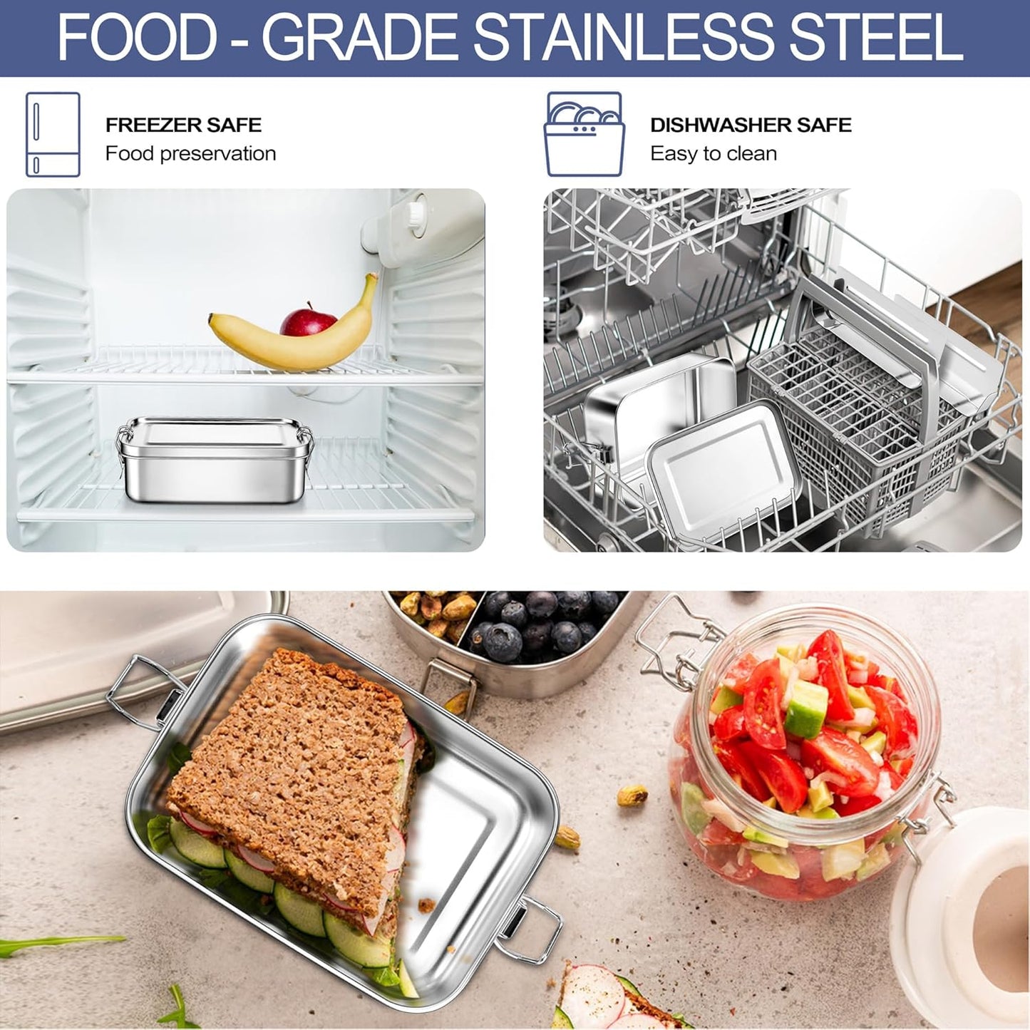 850ml Leakproof Stainless Steel Bento Box β Oven Safe, Freezer Safe, Dishwasher Safe β NOT Microwave Safe β BPA-Free