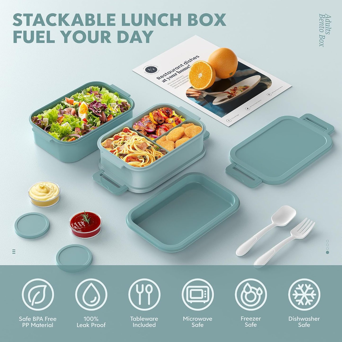 Extra Large 2130ml Lunch Box Set β 3-Layer Food Container with Divided Compartments, Sauce Cups & Utensils β Ideal for Adults, Students, Meal Prep