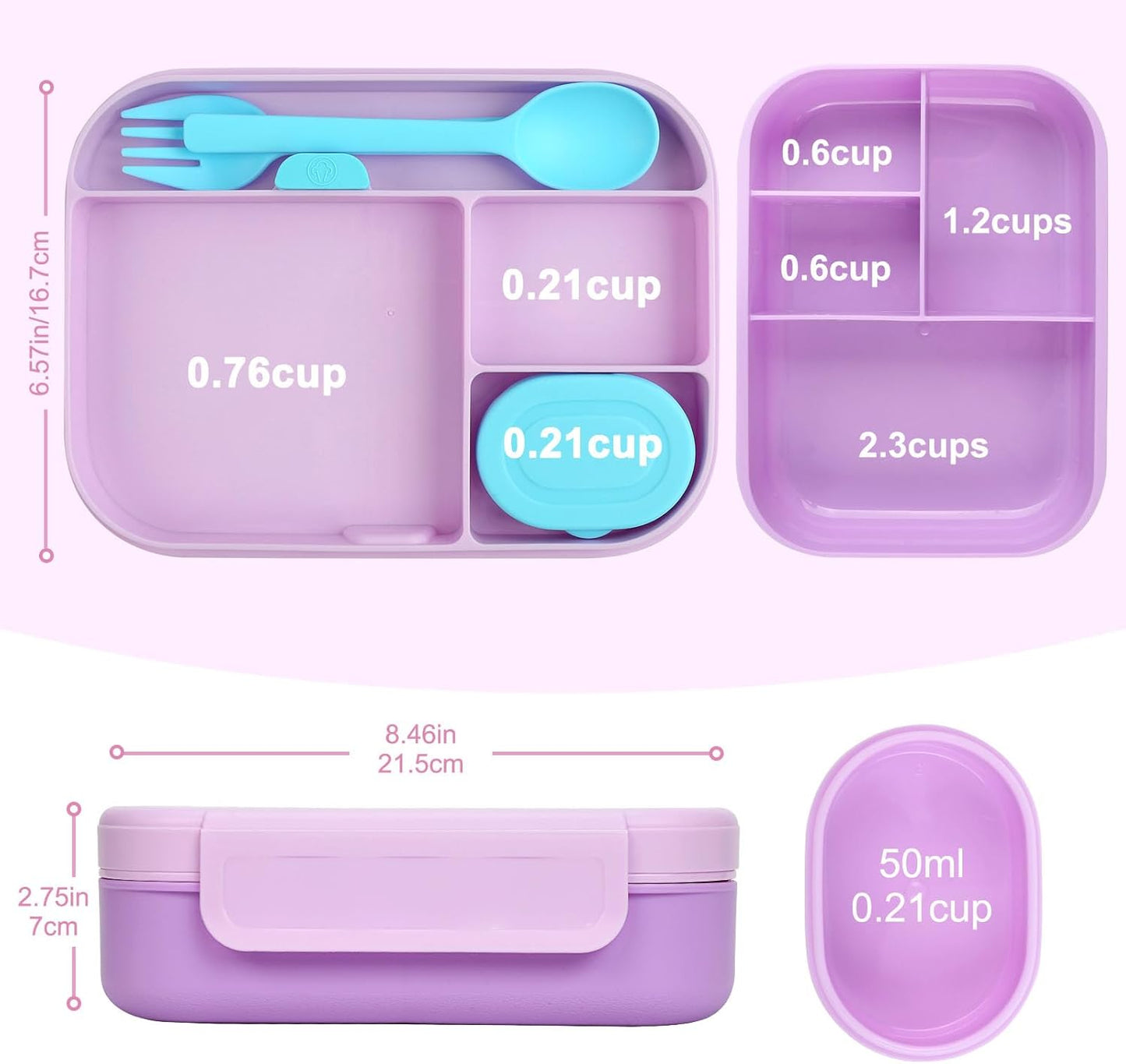 Multi-Compartment Bento Box – Leak-Proof with Fork, Spoon & Dip Container – BPA-Free – 8.46in × 6.57in × 2.75in – Ideal for School, Office & Meal Prep