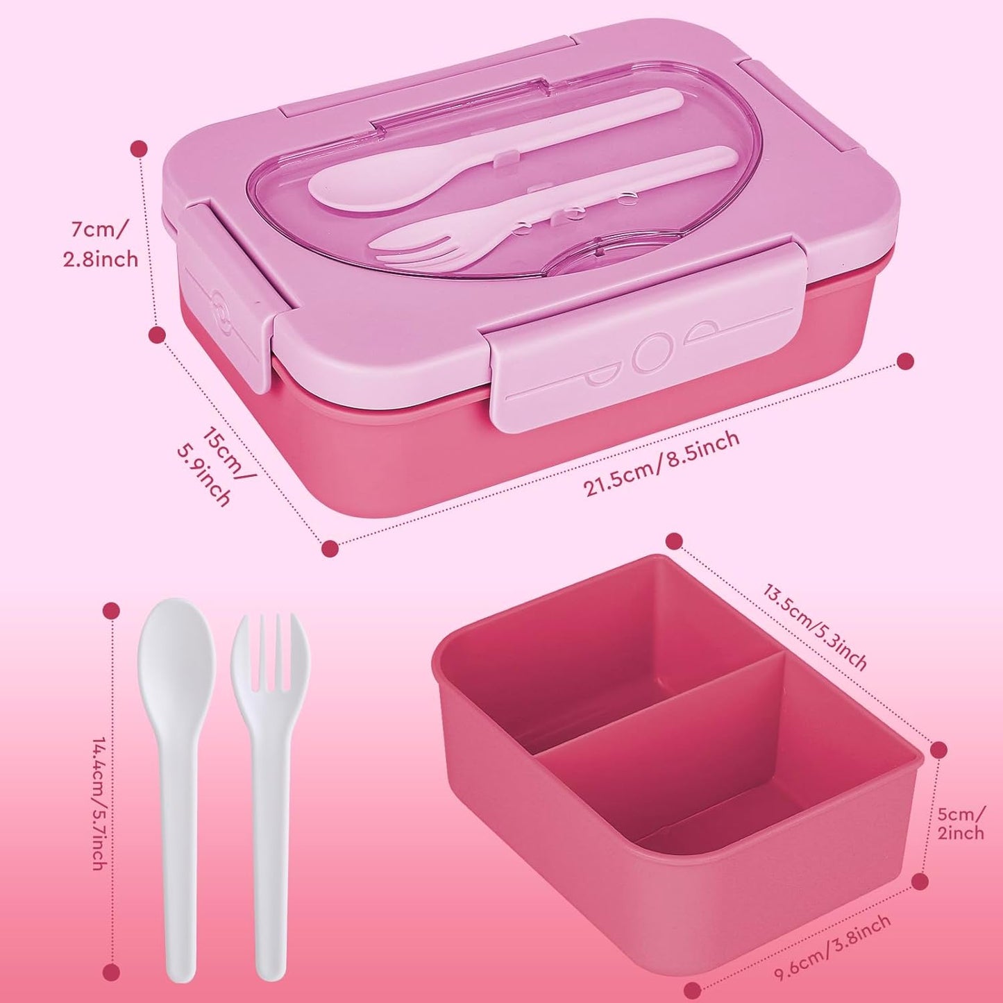 2-Compartment Leak-Proof Lunch Box – With Spoon & Fork – Pink Color – BPA-Free – Microwave & Dishwasher Safe