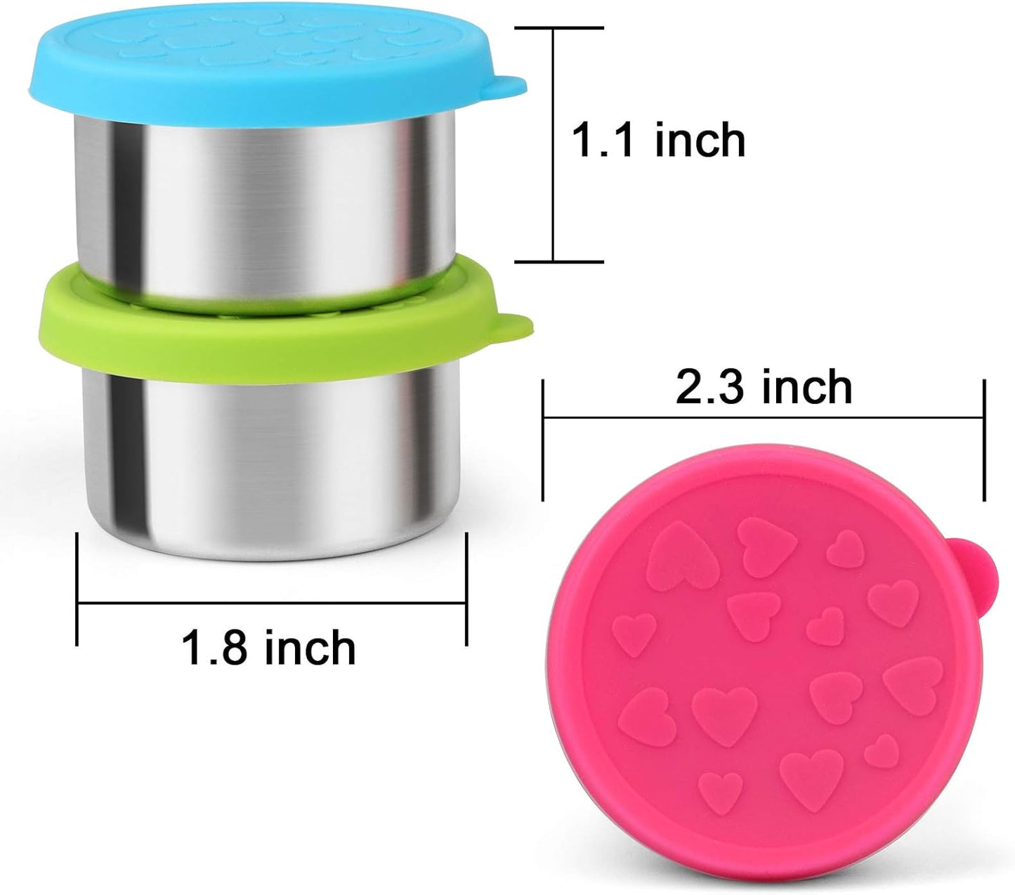 2-Pack Stainless Steel Sauce Cups with Colorful Heart-Pattern Silicone Lids – Leakproof Bento Dipping Containers – BPA-Free, Reusable for Lunch Boxes, Snacks, or Baby Food