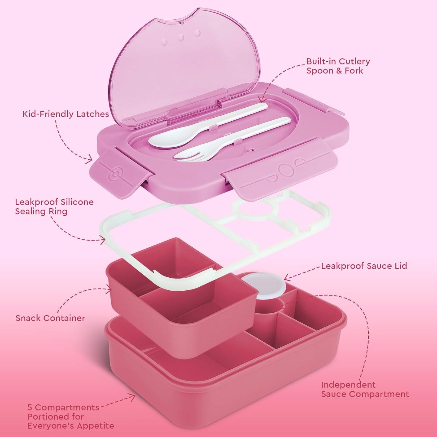 2-Compartment Leak-Proof Lunch Box – With Spoon & Fork – Pink Color – BPA-Free – Microwave & Dishwasher Safe