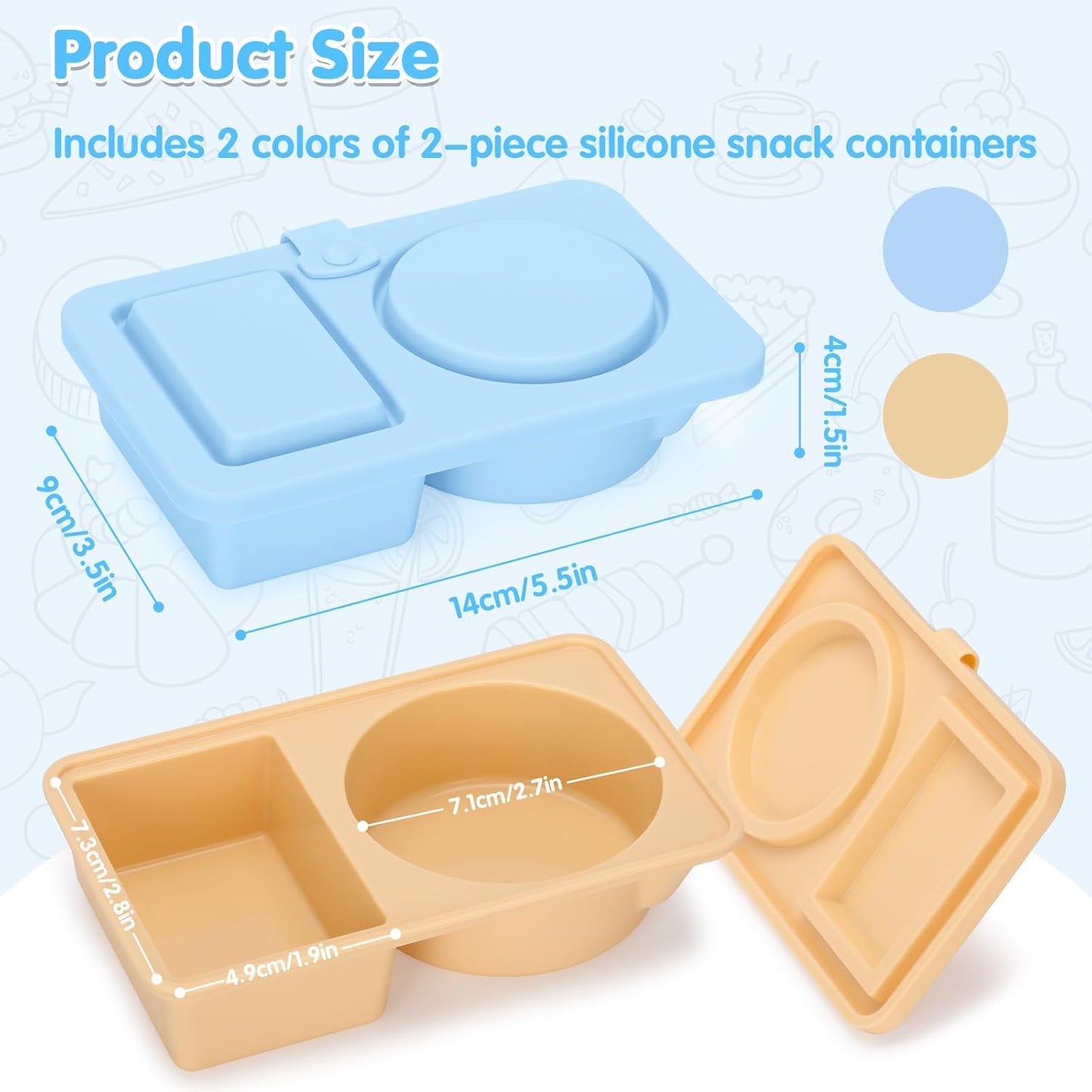 2-Pack Divided Silicone Snack Boxes – Food-Grade, Reusable, BPA-Free – Kids & Toddlers Bento Containers – Blue & Beige