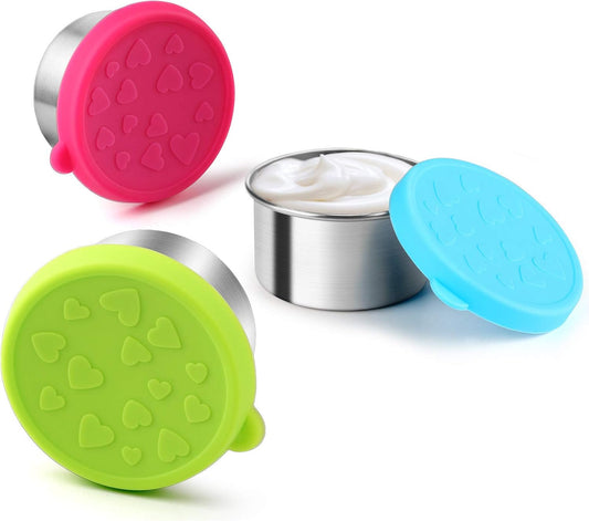 2-Pack Stainless Steel Sauce Cups with Colorful Heart-Pattern Silicone Lids – Leakproof Bento Dipping Containers – BPA-Free, Reusable for Lunch Boxes, Snacks, or Baby Food