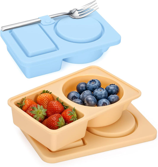 2-Pack Divided Silicone Snack Boxes – Food-Grade, Reusable, BPA-Free – Kids & Toddlers Bento Containers – Blue & Beige