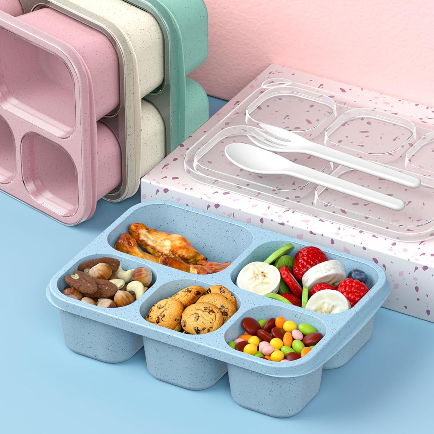 4-Pack Bento Lunch Boxes with 4 Compartments – Reusable Food Containers (Blue, Pink, Cream, Green) – 950ml / 32oz Capacity