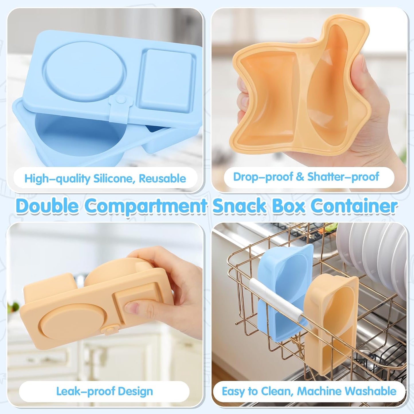 2-Pack Divided Silicone Snack Boxes – Food-Grade, Reusable, BPA-Free – Kids & Toddlers Bento Containers – Blue & Beige