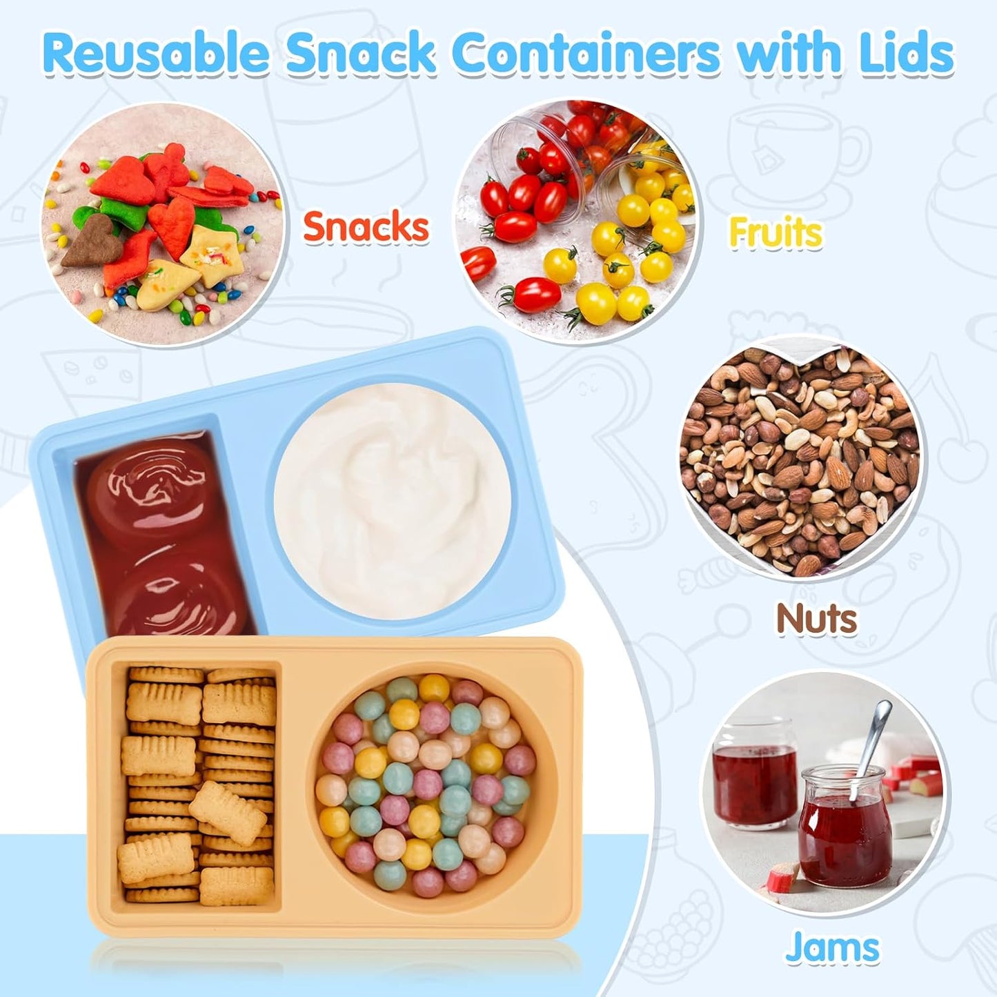 2-Pack Divided Silicone Snack Boxes – Food-Grade, Reusable, BPA-Free – Kids & Toddlers Bento Containers – Blue & Beige