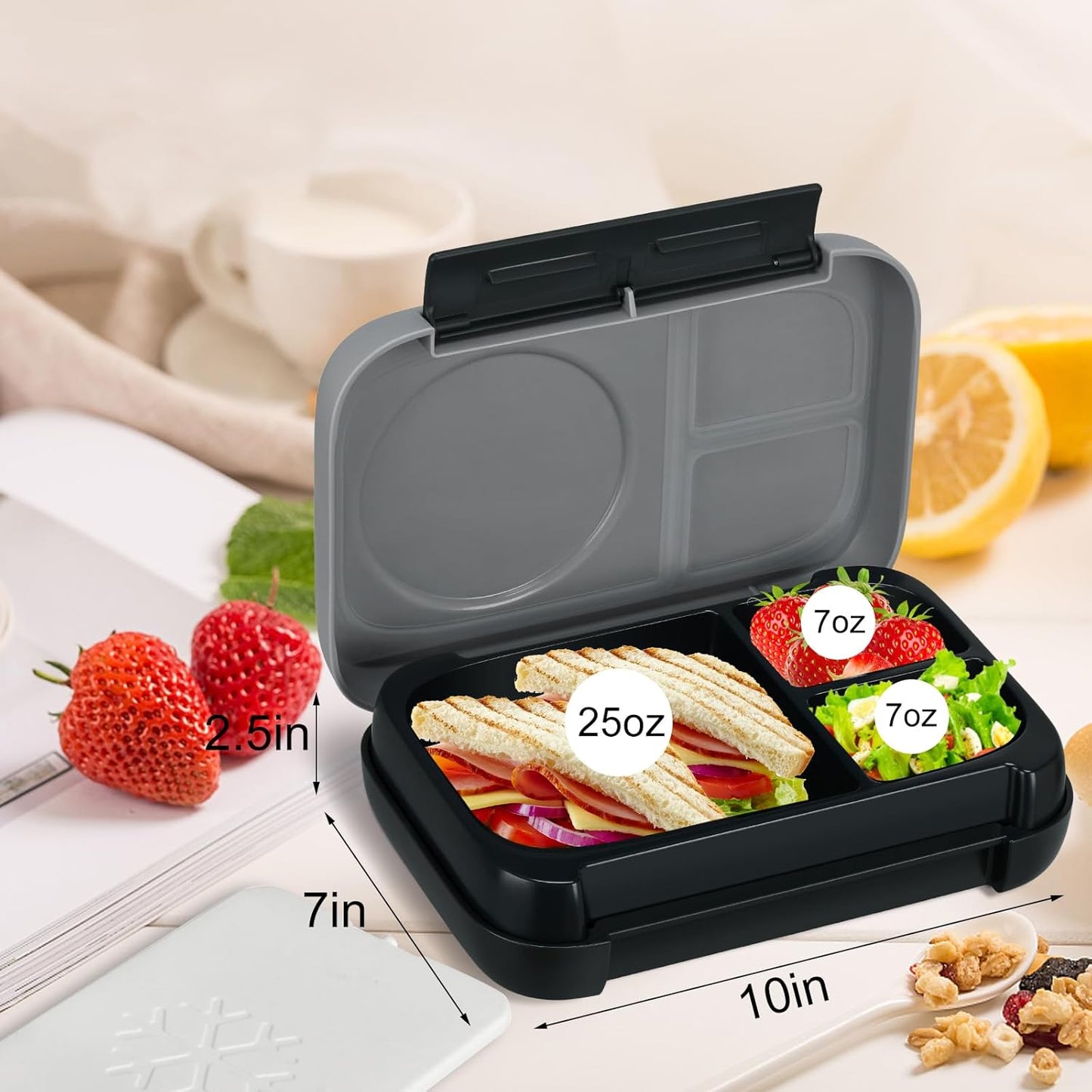 3-Compartment Bento-Style Lunch Box for Kids – Includes Removable Ice Pack – Built-in Utensil Slot – Leak-Proof, BPA-Free, Microwave & Dishwasher Safe – 44oz Total (Gray)