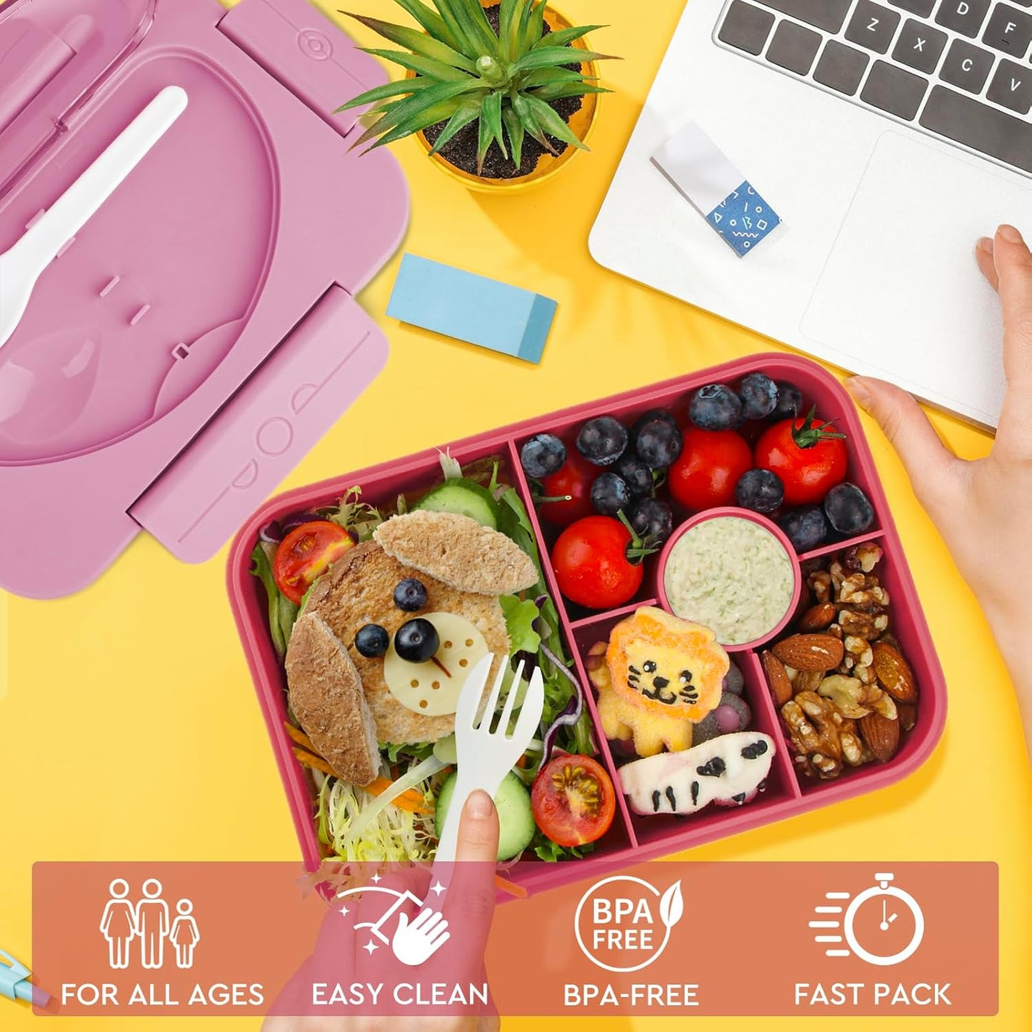 2-Compartment Leak-Proof Lunch Box – With Spoon & Fork – Pink Color – BPA-Free – Microwave & Dishwasher Safe