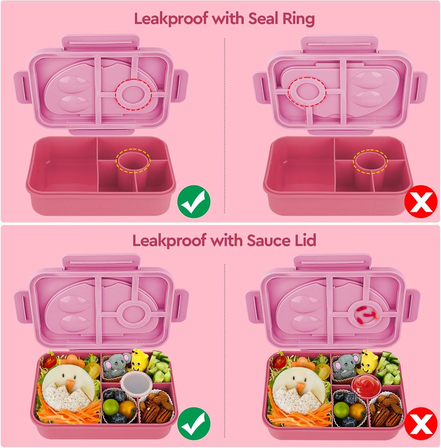 2-Compartment Leak-Proof Lunch Box – With Spoon & Fork – Pink Color – BPA-Free – Microwave & Dishwasher Safe