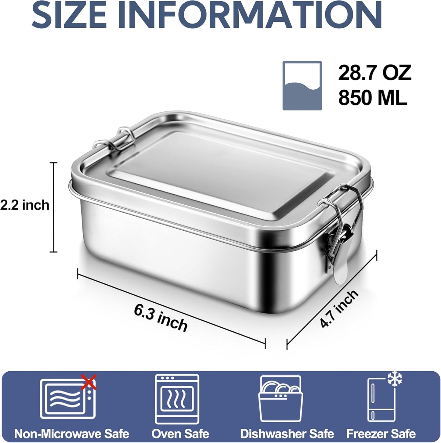850ml Leakproof Stainless Steel Bento Box – Oven Safe, Freezer Safe, Dishwasher Safe – NOT Microwave Safe – BPA-Free