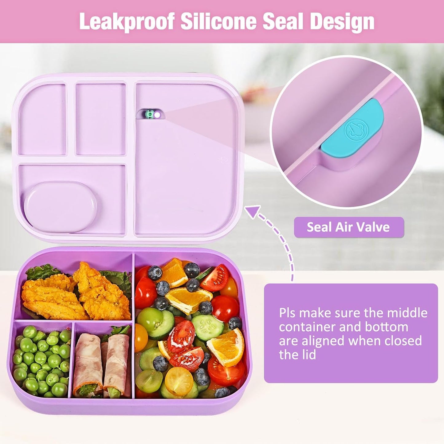 Multi-Compartment Bento Box – Leak-Proof with Fork, Spoon & Dip Container – BPA-Free – 8.46in × 6.57in × 2.75in – Ideal for School, Office & Meal Prep