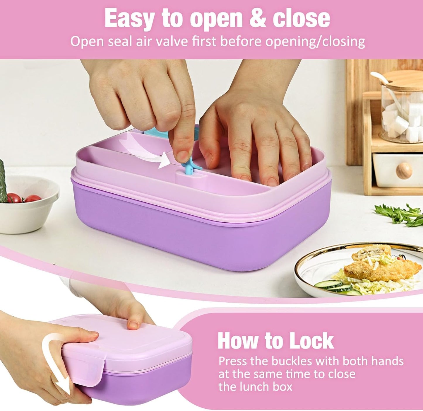 Multi-Compartment Bento Box – Leak-Proof with Fork, Spoon & Dip Container – BPA-Free – 8.46in × 6.57in × 2.75in – Ideal for School, Office & Meal Prep
