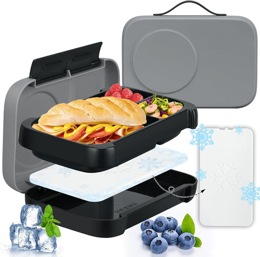 3-Compartment Bento-Style Lunch Box for Kids – Includes Removable Ice Pack – Built-in Utensil Slot – Leak-Proof, BPA-Free, Microwave & Dishwasher Safe – 44oz Total (Gray)