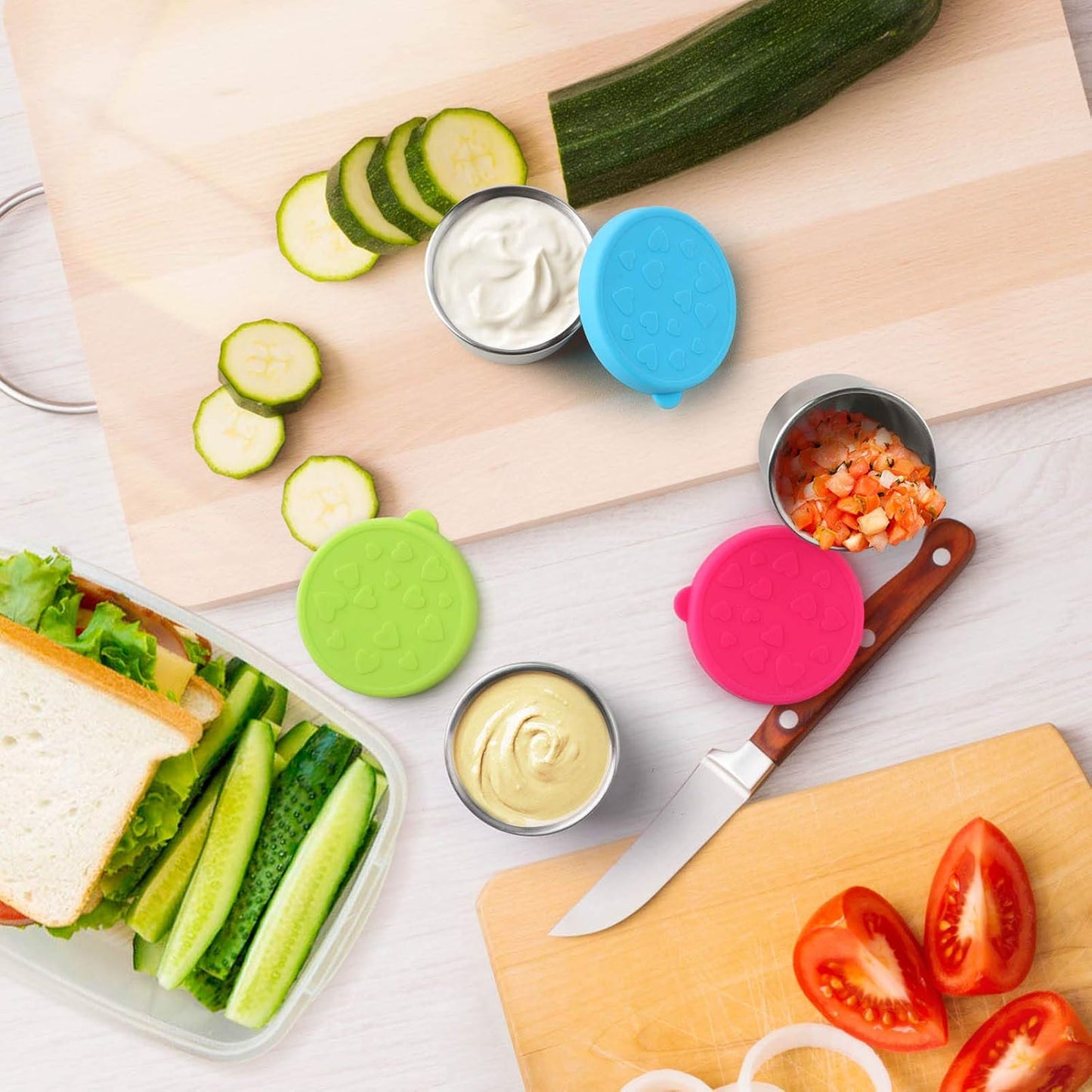 2-Pack Stainless Steel Sauce Cups with Colorful Heart-Pattern Silicone Lids – Leakproof Bento Dipping Containers – BPA-Free, Reusable for Lunch Boxes, Snacks, or Baby Food