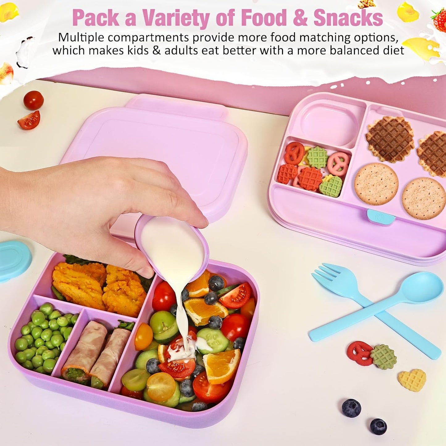 Multi-Compartment Bento Box – Leak-Proof with Fork, Spoon & Dip Container – BPA-Free – 8.46in × 6.57in × 2.75in – Ideal for School, Office & Meal Prep