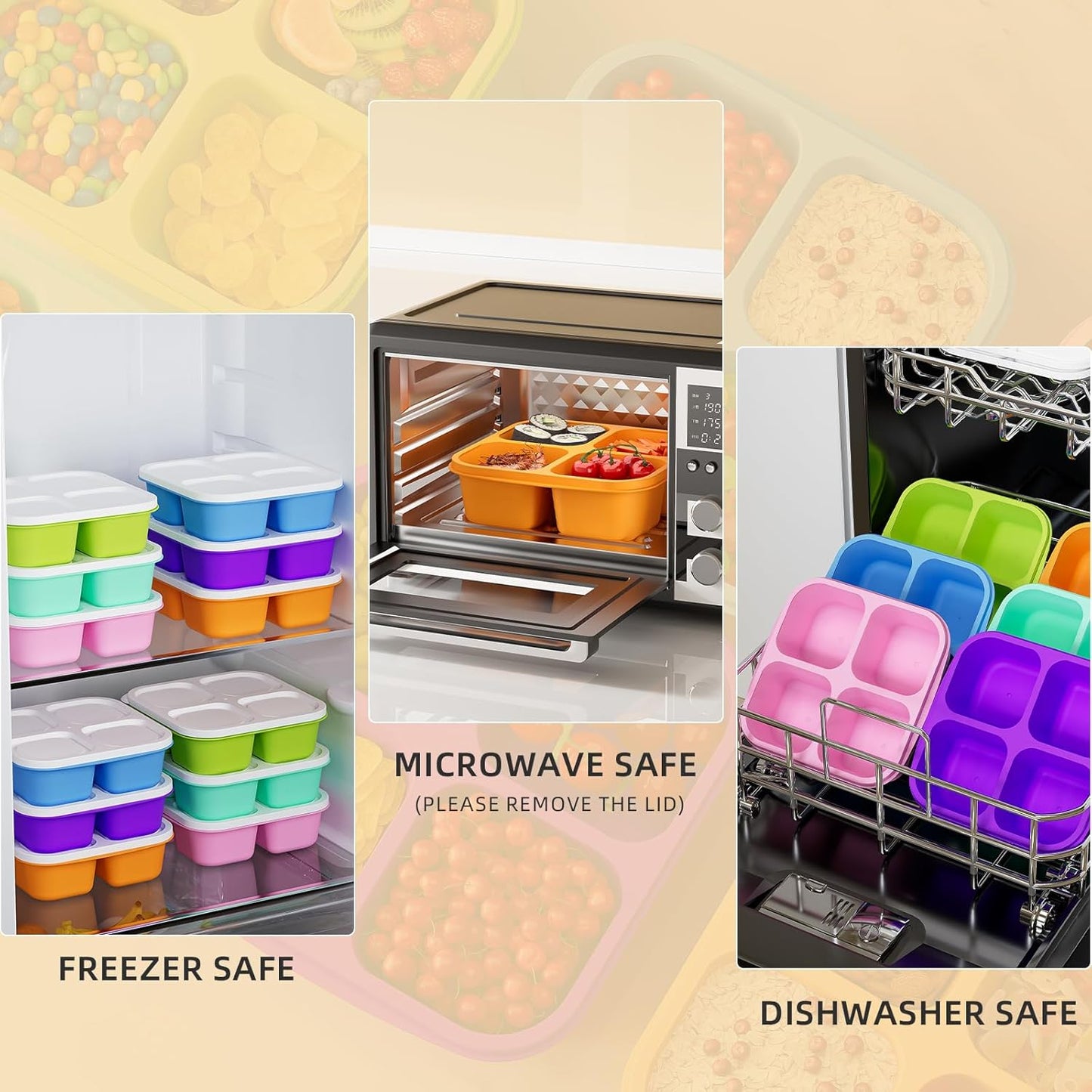 6-Color Silicone Portion Containers – 4-Section Tray (1/2 Cup Each) – BPA-Free, Freezer & Dishwasher Safe – Ideal for Baby Food, Snacks & Meal Prep