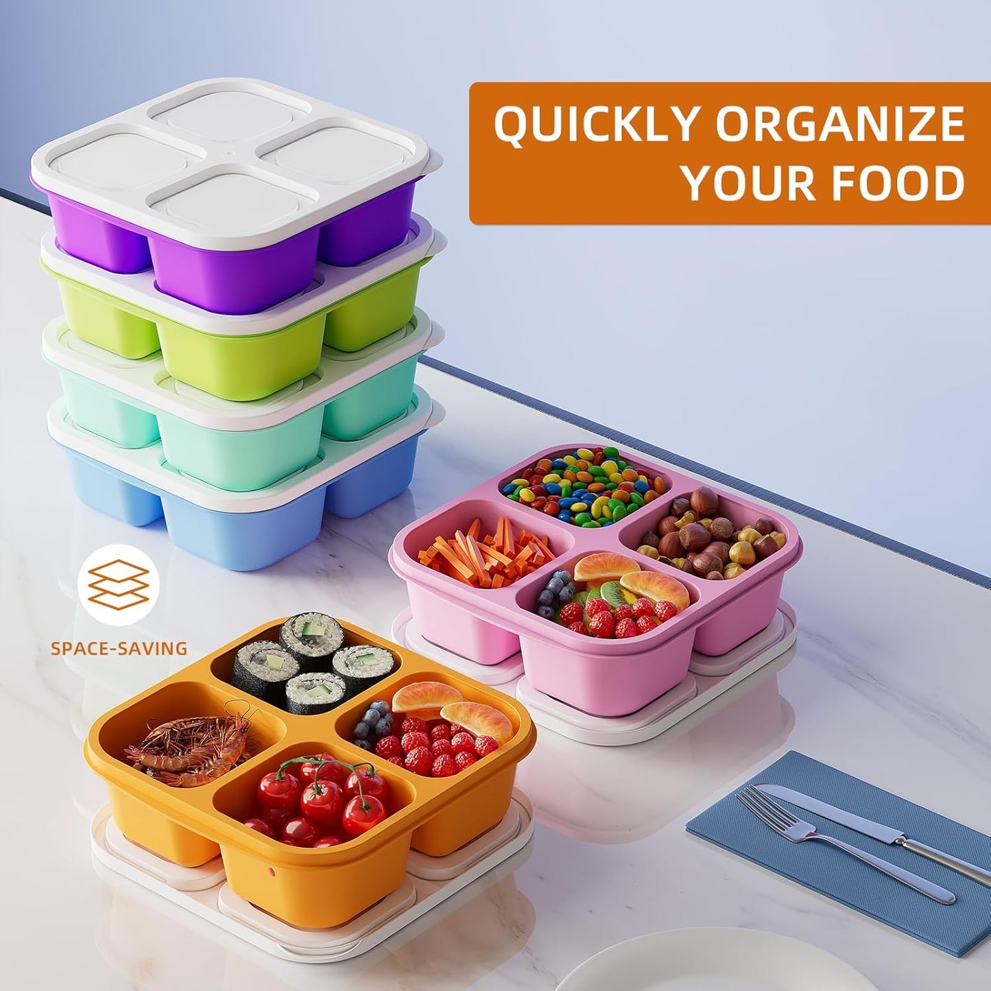 6-Color Silicone Portion Containers – 4-Section Tray (1/2 Cup Each) – BPA-Free, Freezer & Dishwasher Safe – Ideal for Baby Food, Snacks & Meal Prep
