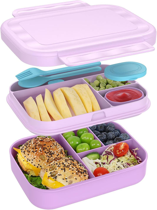 Multi-Compartment Bento Box – Leak-Proof with Fork, Spoon & Dip Container – BPA-Free – 8.46in × 6.57in × 2.75in – Ideal for School, Office & Meal Prep