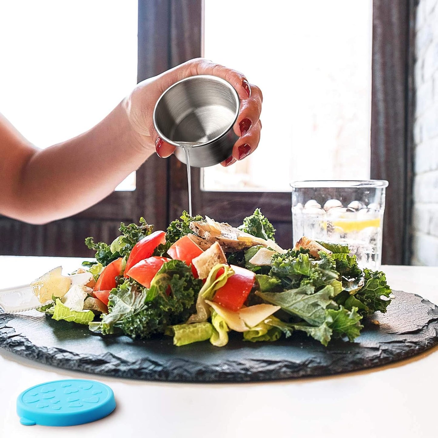 2-Pack Stainless Steel Sauce Cups with Colorful Heart-Pattern Silicone Lids – Leakproof Bento Dipping Containers – BPA-Free, Reusable for Lunch Boxes, Snacks, or Baby Food