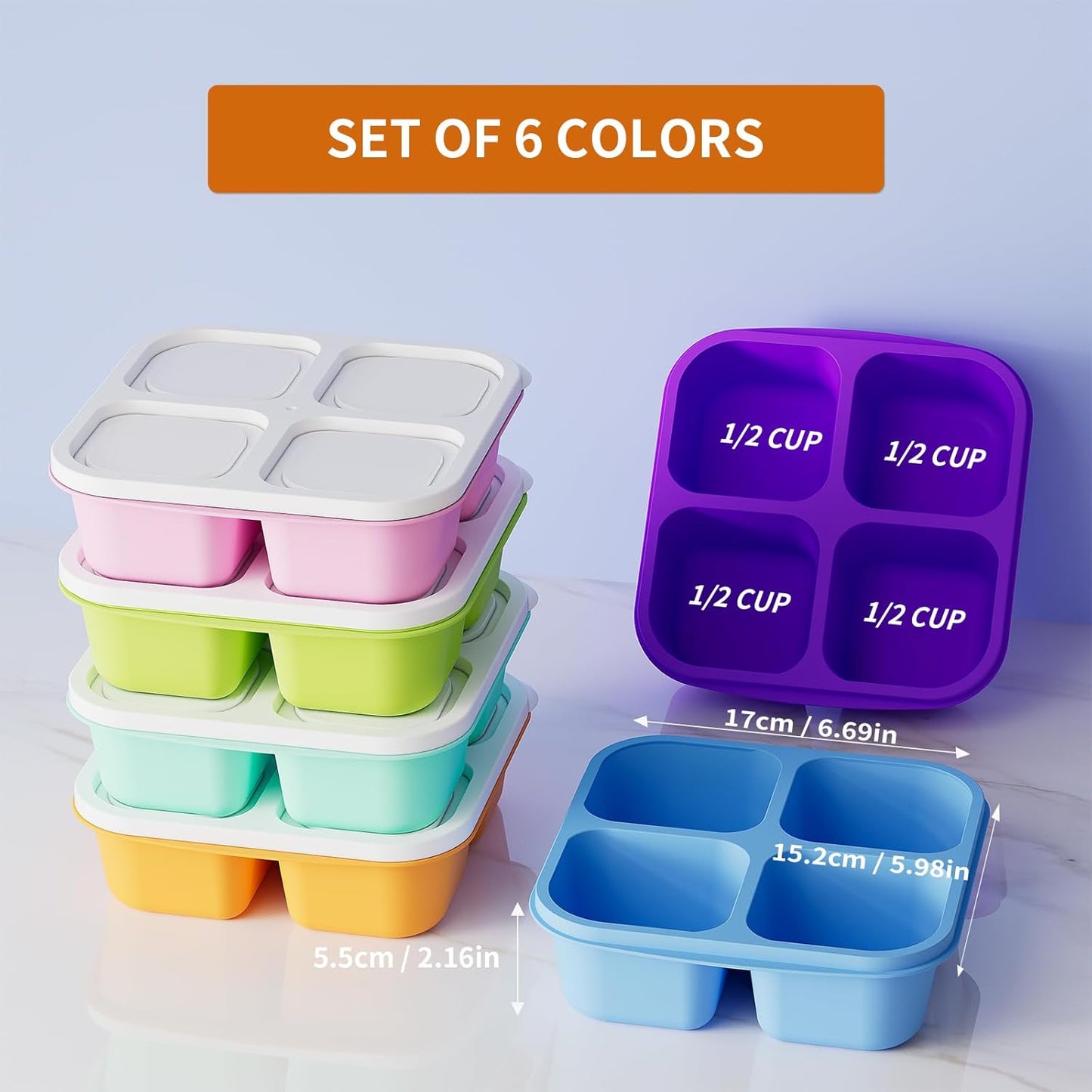 6-Color Silicone Portion Containers – 4-Section Tray (1/2 Cup Each) – BPA-Free, Freezer & Dishwasher Safe – Ideal for Baby Food, Snacks & Meal Prep