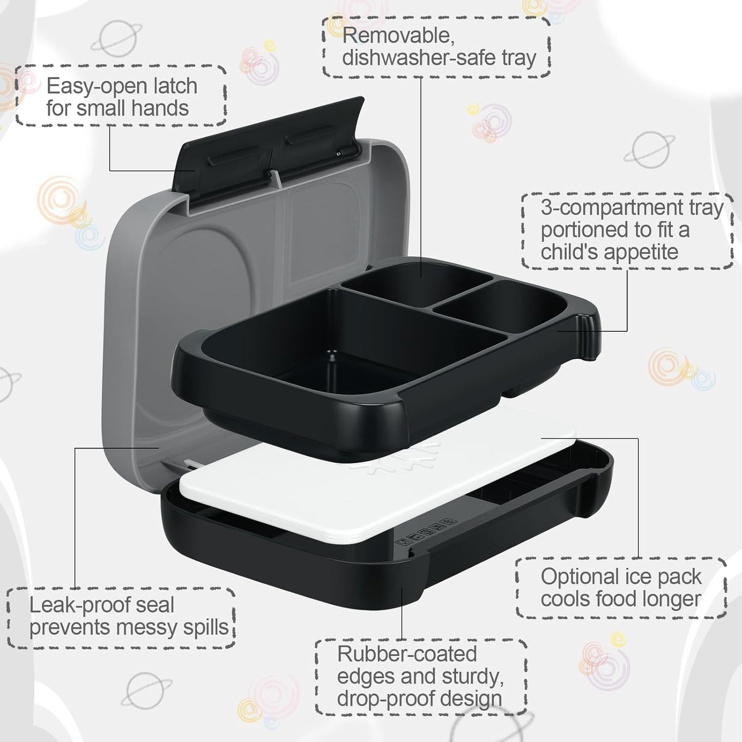 3-Compartment Bento-Style Lunch Box for Kids – Includes Removable Ice Pack – Built-in Utensil Slot – Leak-Proof, BPA-Free, Microwave & Dishwasher Safe – 44oz Total (Gray)
