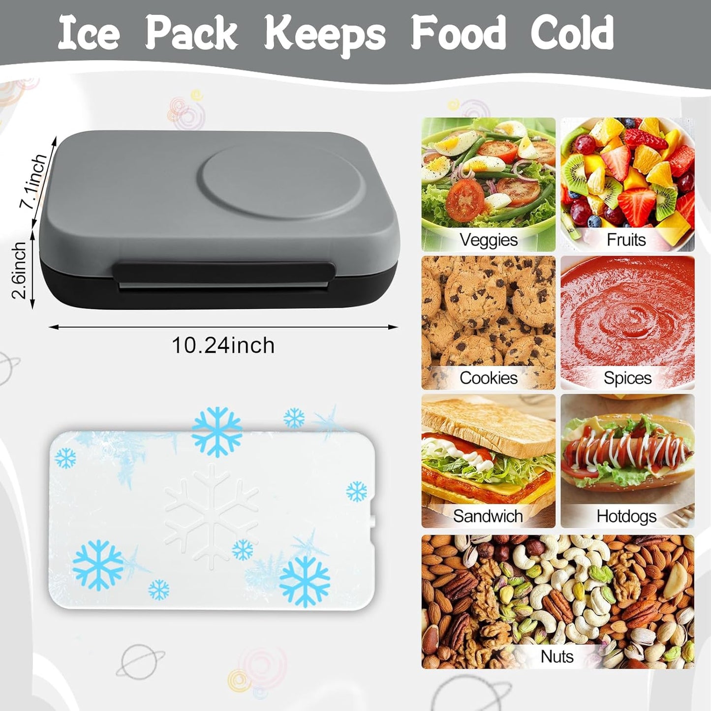 3-Compartment Bento-Style Lunch Box for Kids – Includes Removable Ice Pack – Built-in Utensil Slot – Leak-Proof, BPA-Free, Microwave & Dishwasher Safe – 44oz Total (Gray)