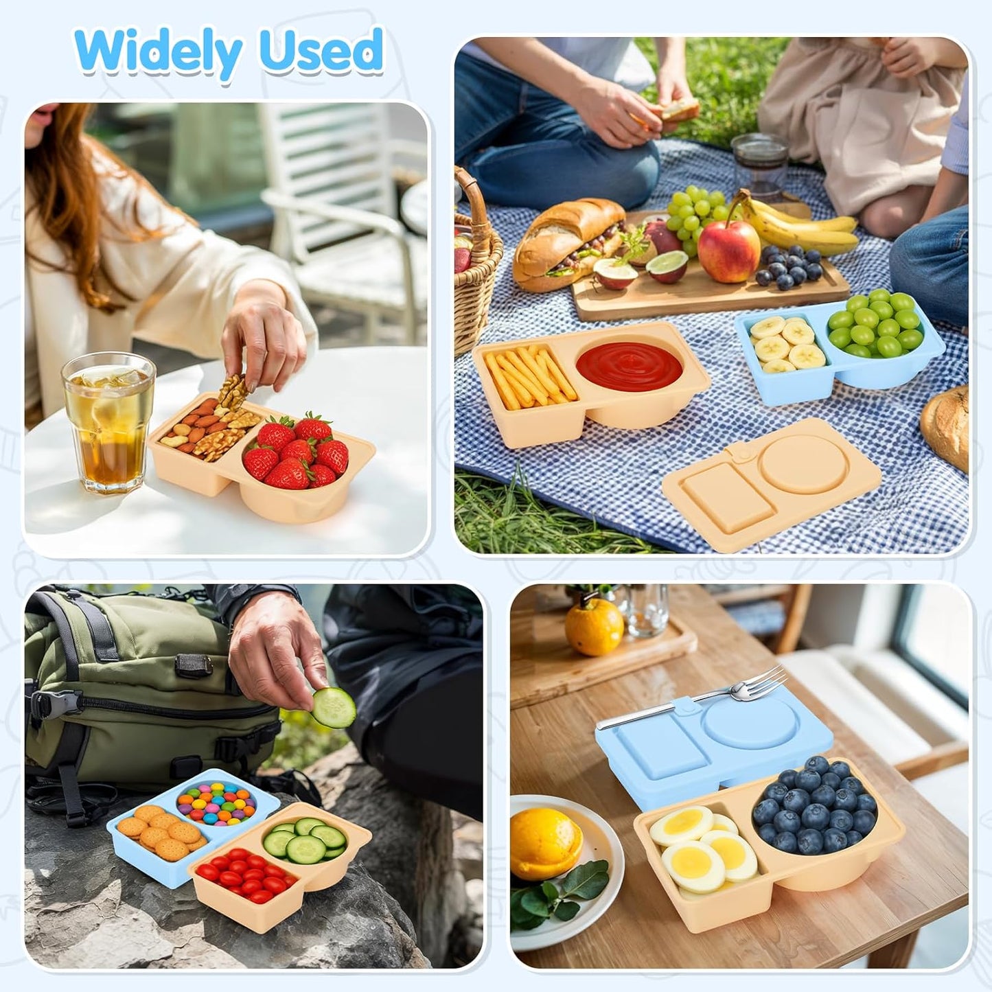 2-Pack Divided Silicone Snack Boxes – Food-Grade, Reusable, BPA-Free – Kids & Toddlers Bento Containers – Blue & Beige