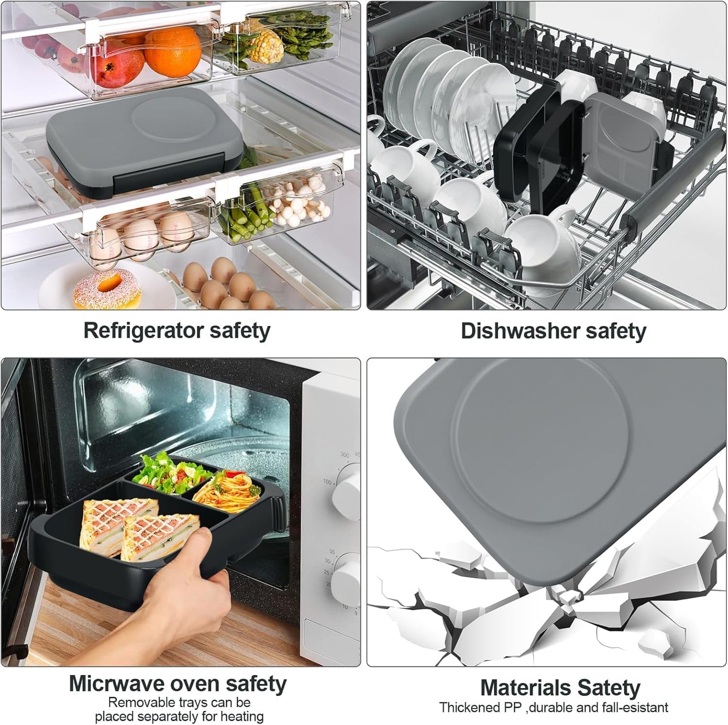 3-Compartment Bento-Style Lunch Box for Kids – Includes Removable Ice Pack – Built-in Utensil Slot – Leak-Proof, BPA-Free, Microwave & Dishwasher Safe – 44oz Total (Gray)