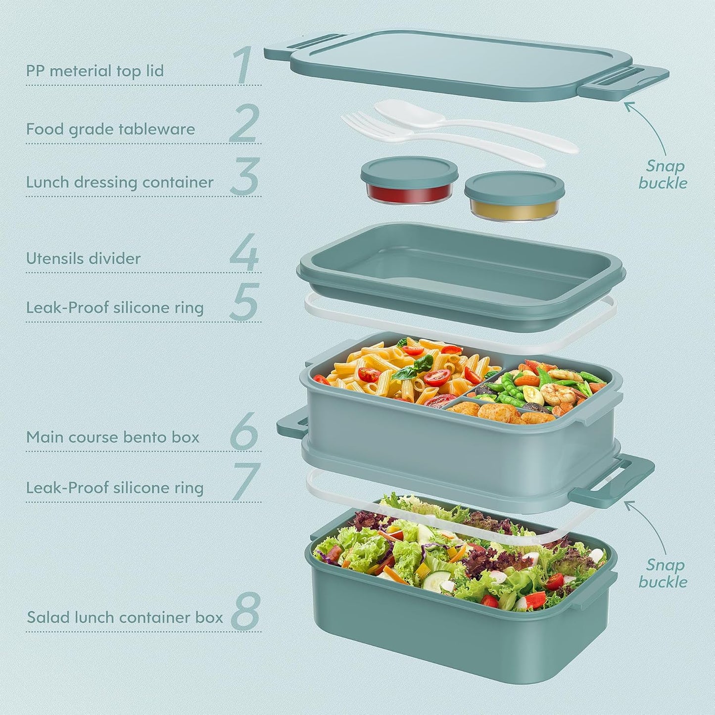 Extra Large 2130ml Lunch Box Set – 3-Layer Food Container with Divided Compartments, Sauce Cups & Utensils – Ideal for Adults, Students, Meal Prep